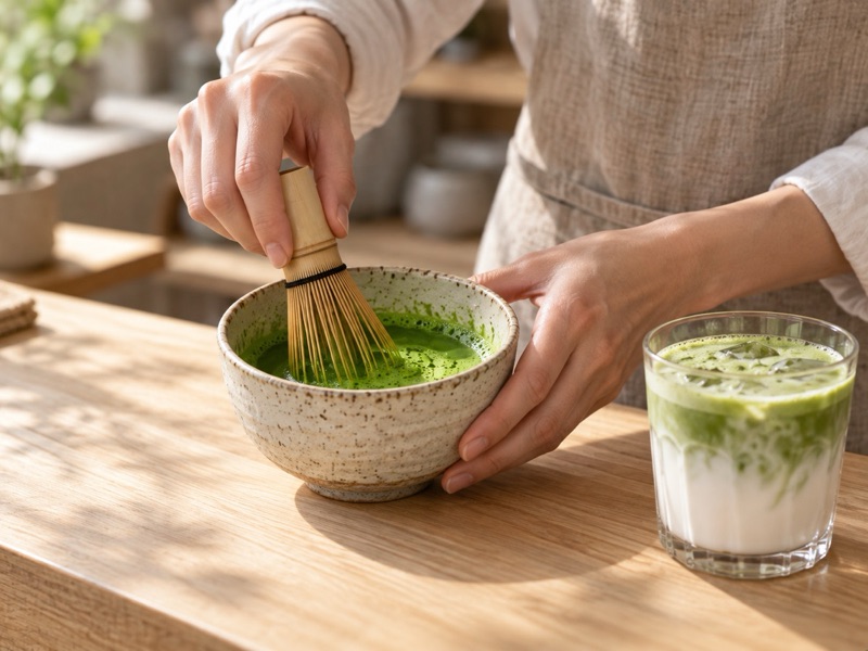 A barista whisking matcha for a latte at a cafe counter