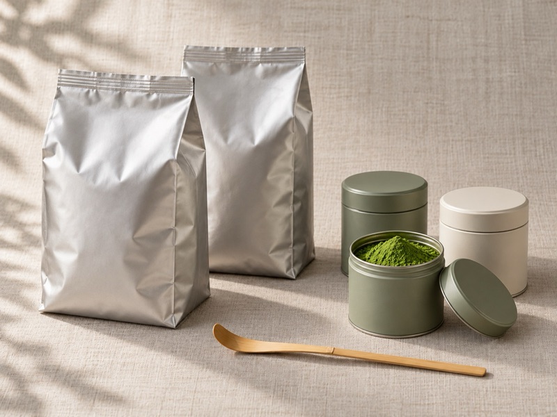 Plain silver bulk bags and small retail tins of matcha
